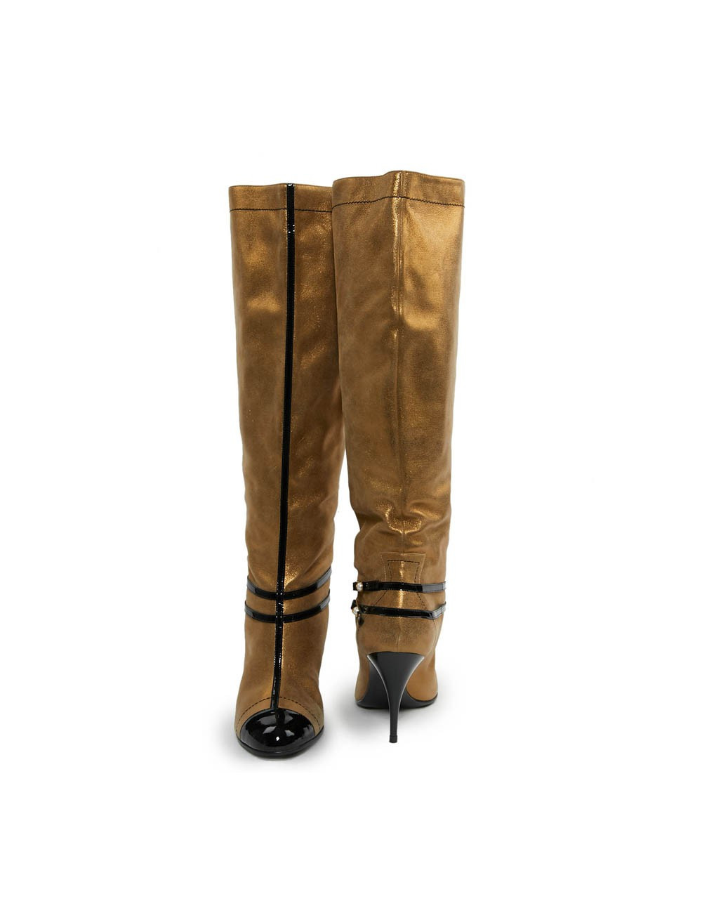 Bottes T 39 CHANEL cuir doré et bandes vernies noires