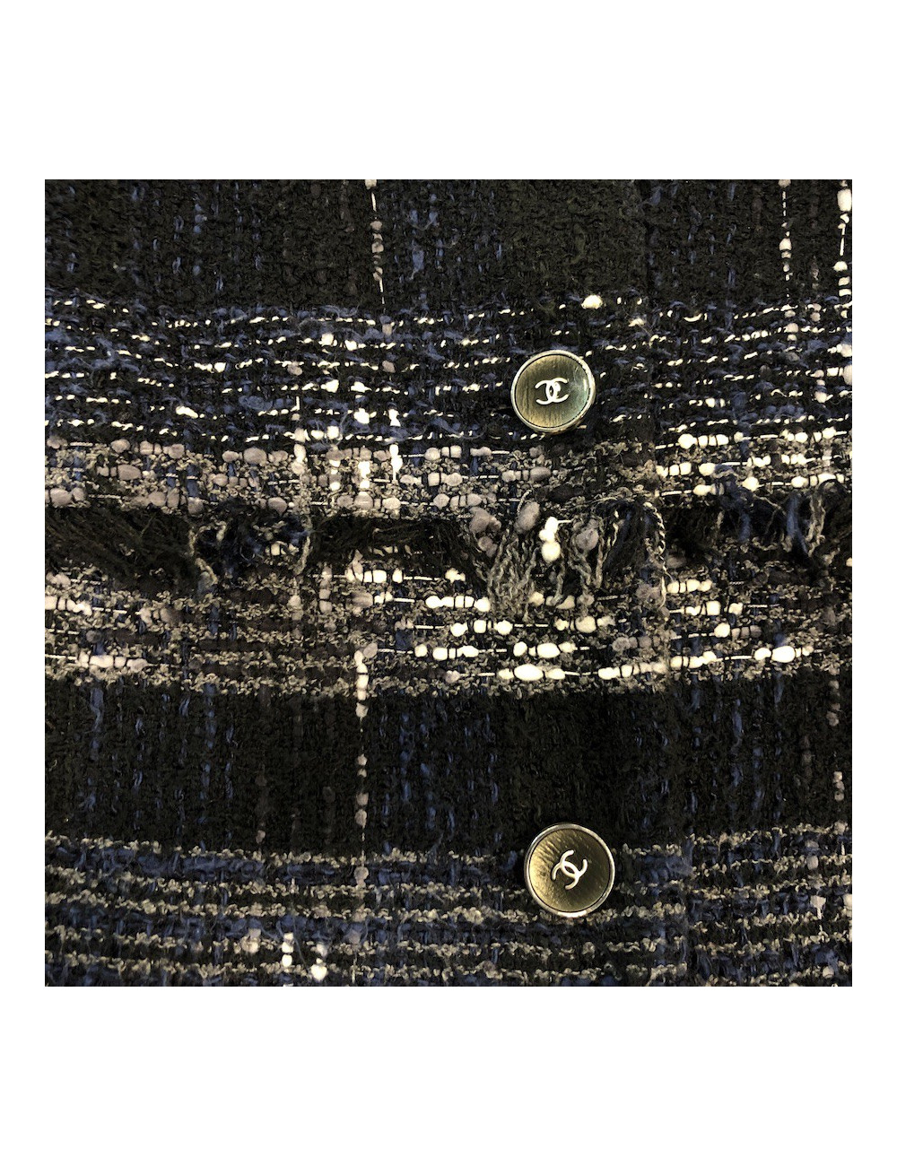 Veste Chanel T38 tweed noir et bleu