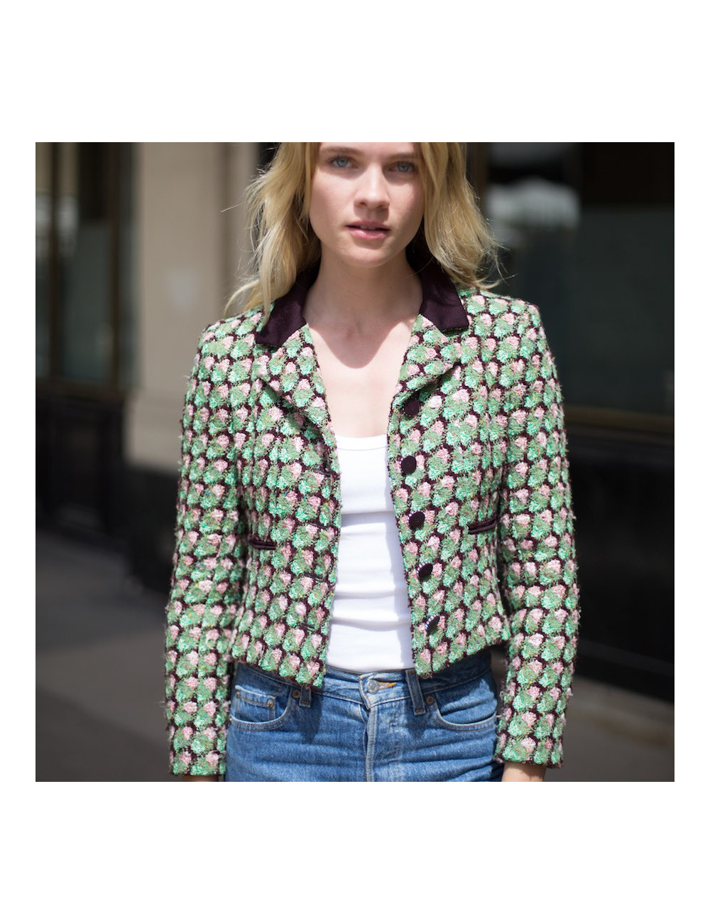 Veste T36 CHANEL en tweed vert, rose et marron