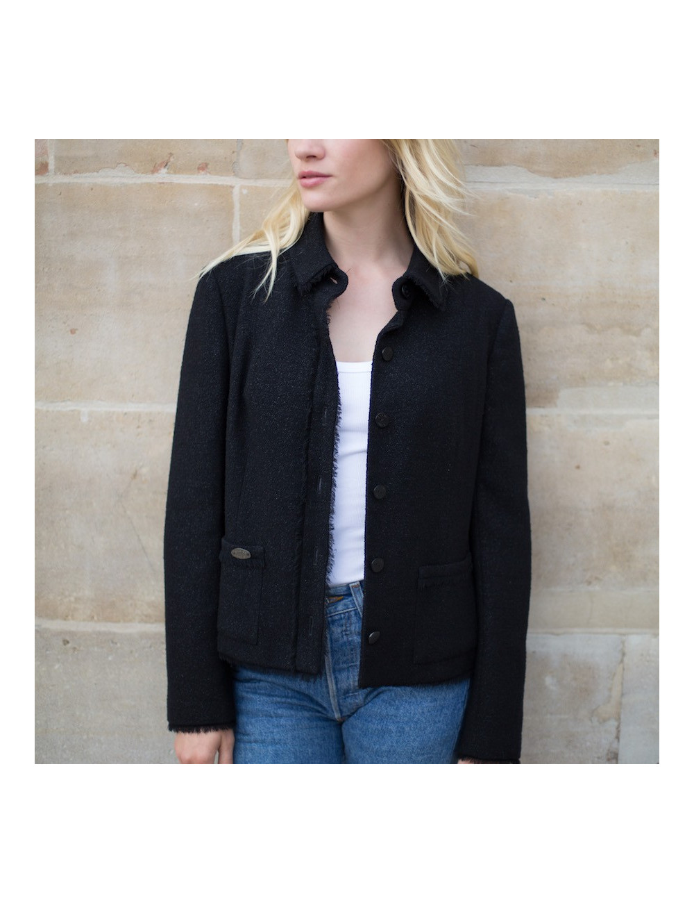 Veste CHANEL laine noire et paillettes