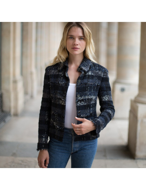 Veste Chanel T38 tweed noir et bleu