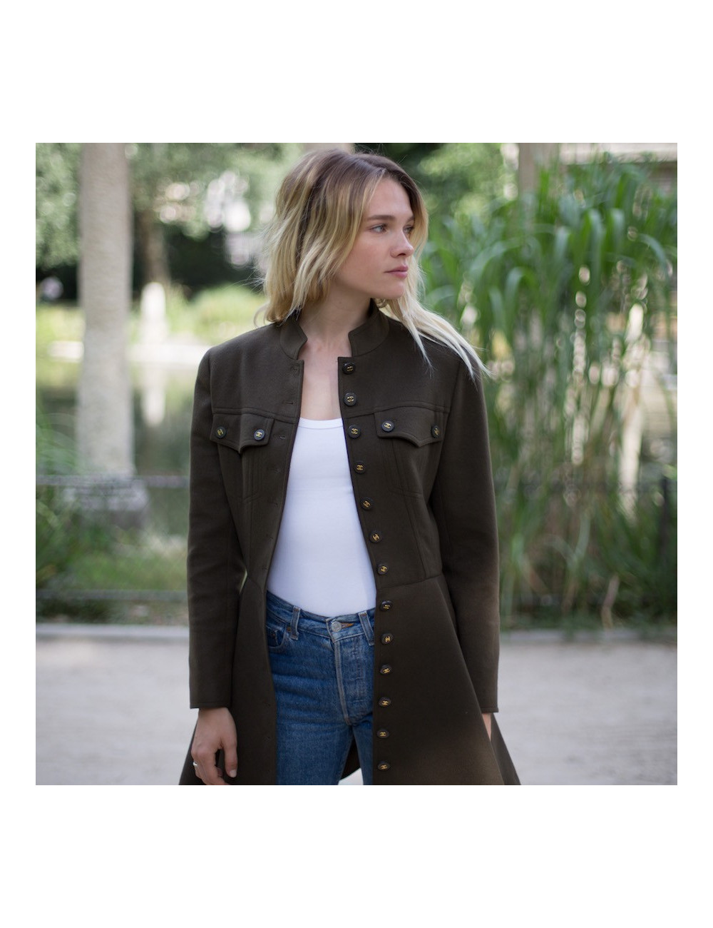 Veste longue Chanel T40 cachemire vert