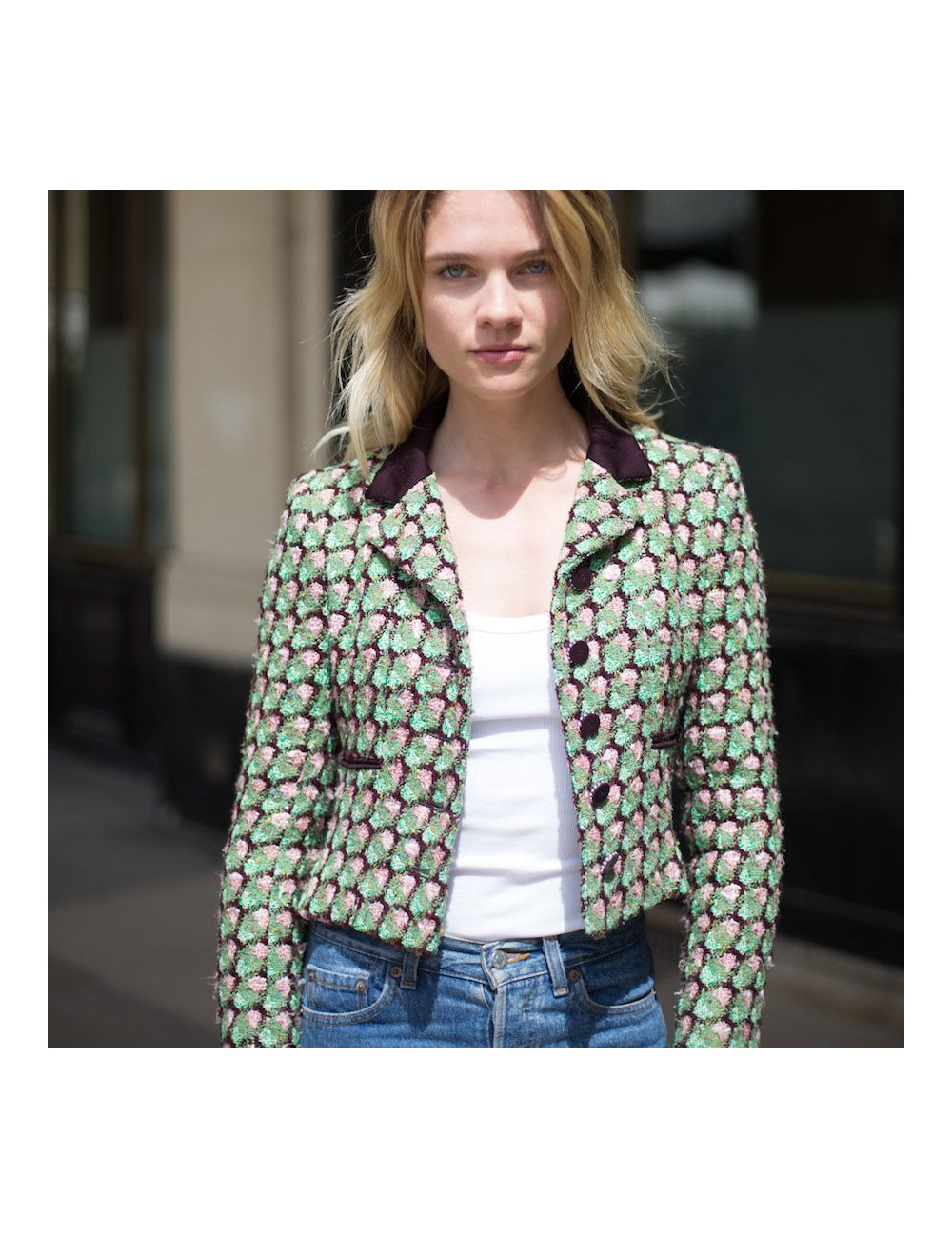 Veste T36 CHANEL en tweed vert, rose et marron
