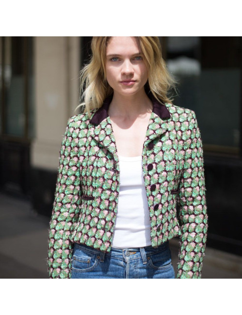Veste T36 CHANEL en tweed vert, rose et marron