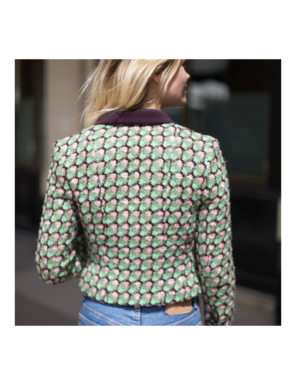 Veste T36 CHANEL en tweed vert, rose et marron