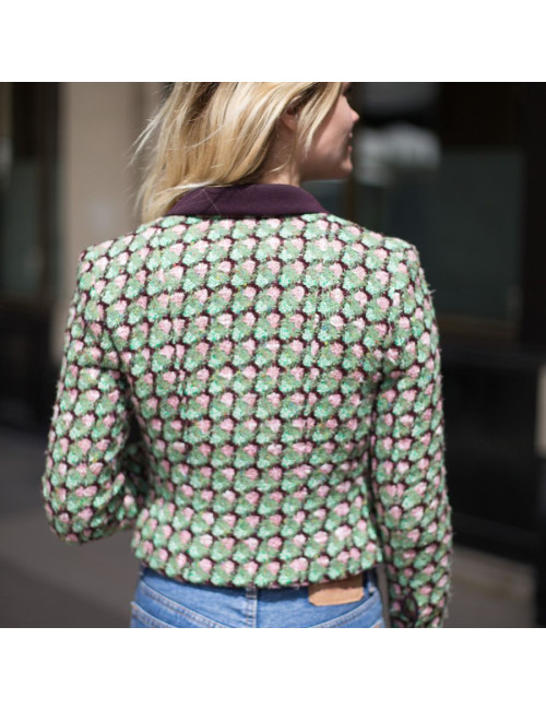 Veste T36 CHANEL en tweed vert, rose et marron