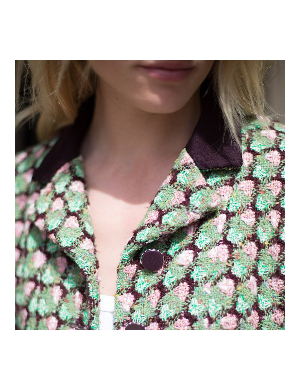 Veste T36 CHANEL en tweed vert, rose et marron