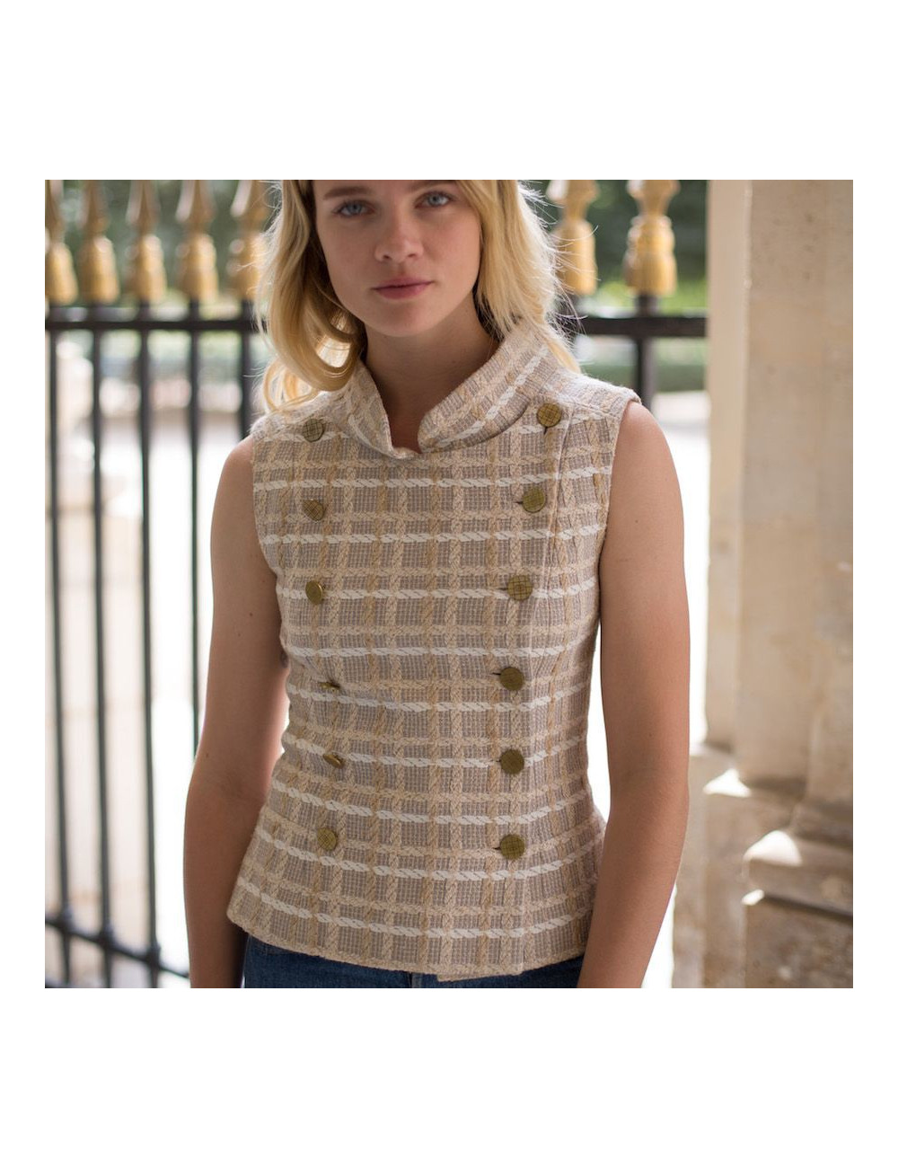 Veste T 36 CHANEL sans manches tweed beige