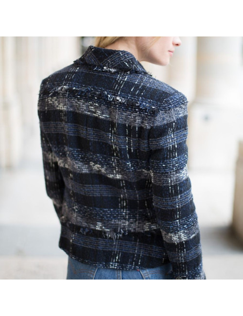 Veste Chanel T38 tweed noir et bleu