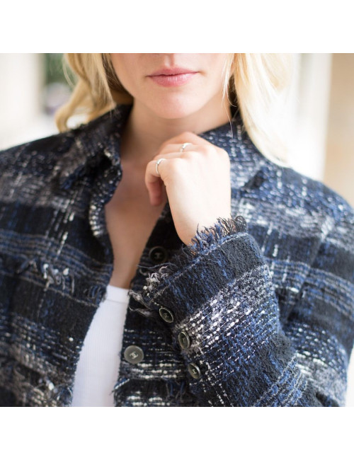 Veste Chanel T38 tweed noir et bleu