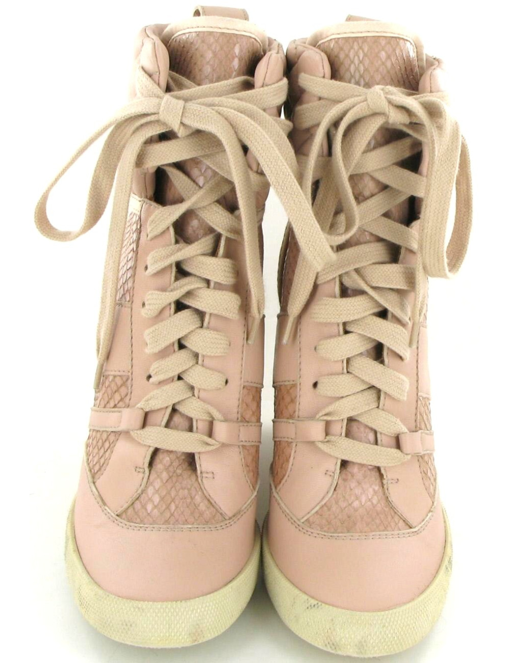 Bottines CHLOE sneakers compensées en cuir et python rose T 38,5