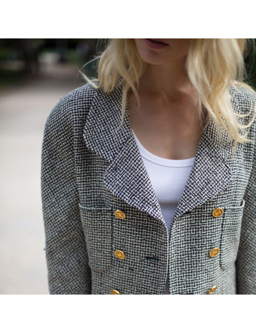 Veste Chanel tweed Blanc bleu T 42
