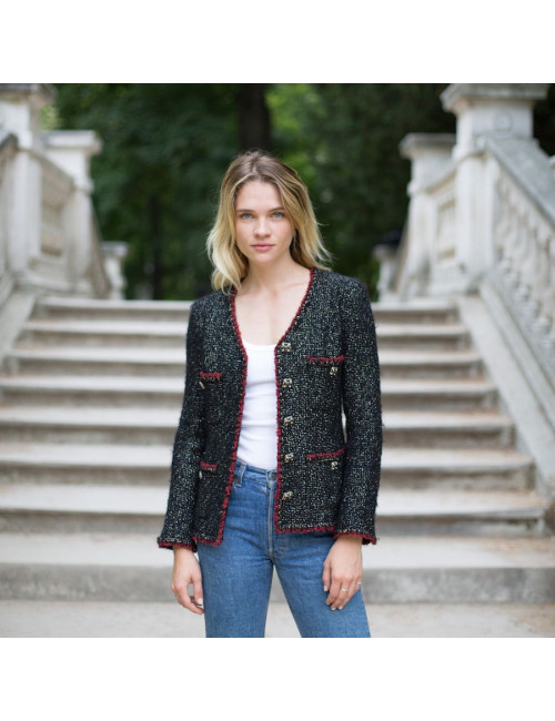 Veste 36 CHANEL tweed noir et fils dorés 