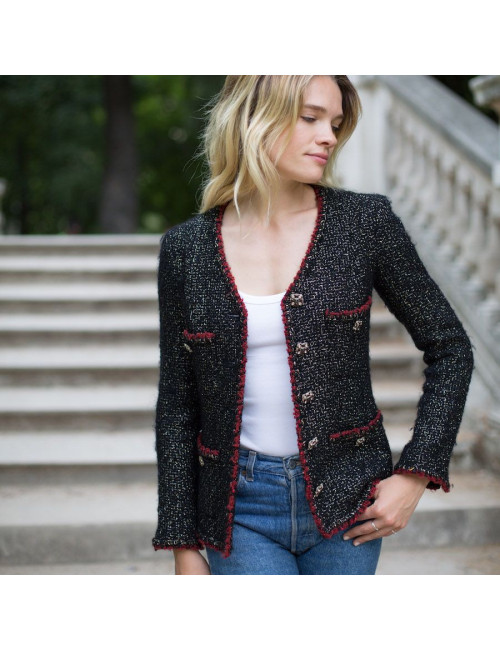 Veste 36 CHANEL tweed noir et fils dorés 