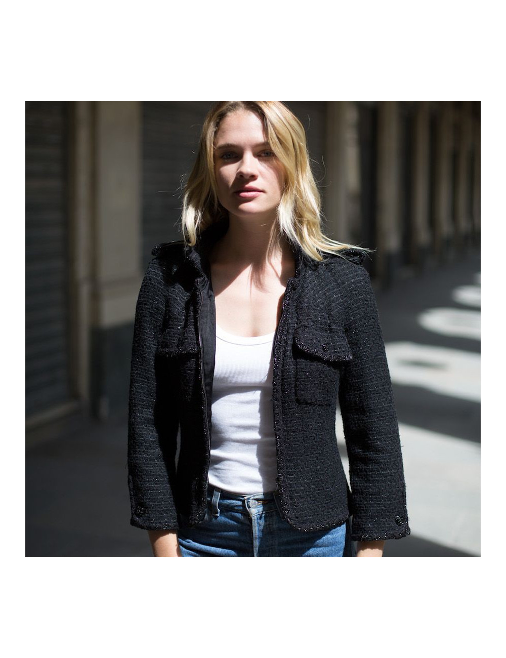 Veste tweed noir CHANEL T38 