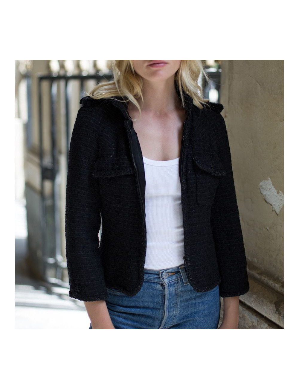 Veste tweed noir CHANEL T38 