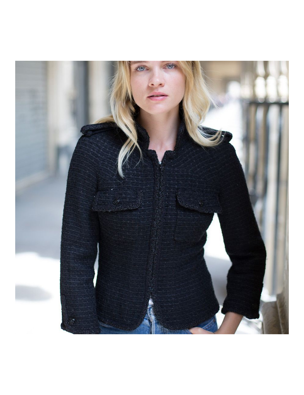 Veste CHANEL T 38 tweed noir 