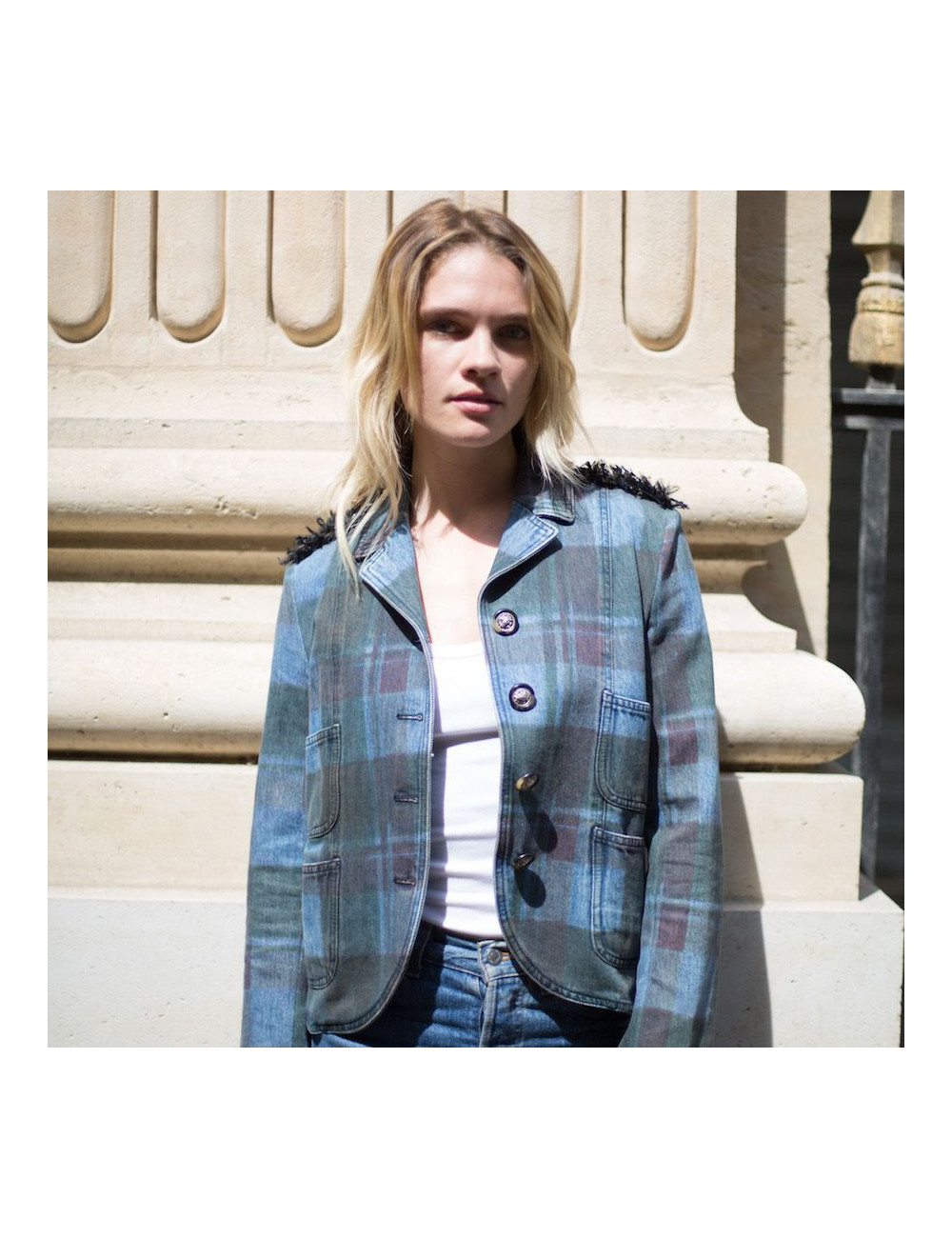 Veste T 36 CHANEL en toile denim à carreaux