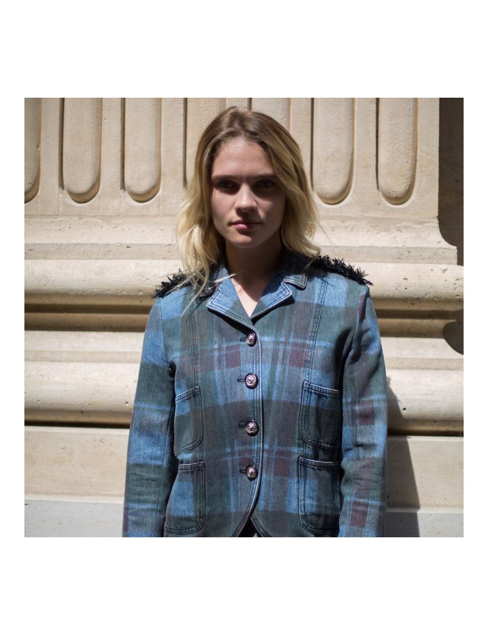 Veste T 36 CHANEL en toile denim à carreaux