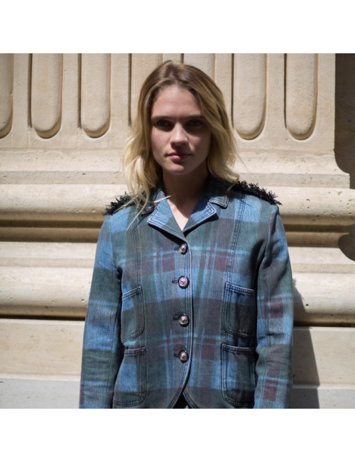 Veste T 36 CHANEL en toile denim à carreaux
