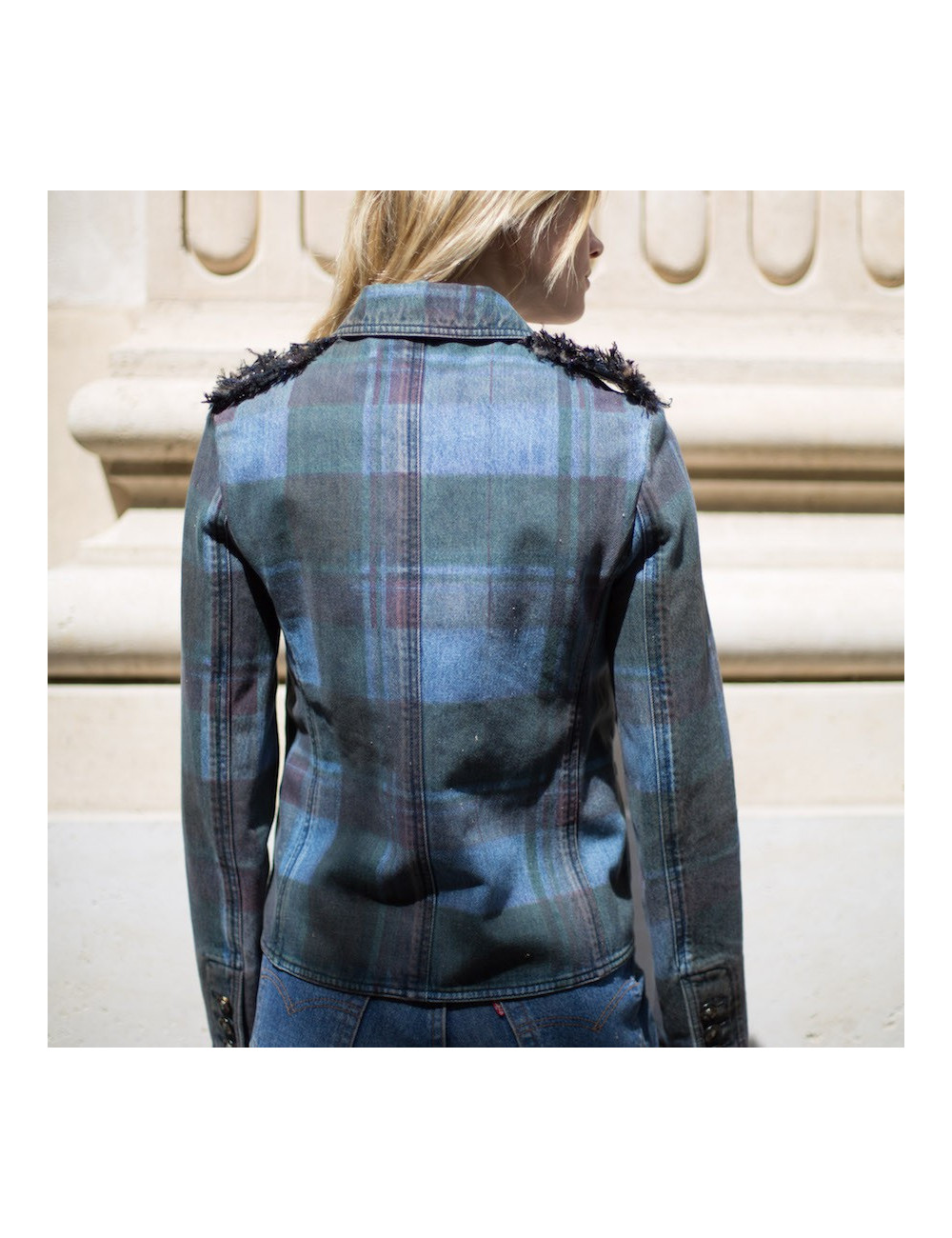 Veste T 36 CHANEL en toile denim à carreaux