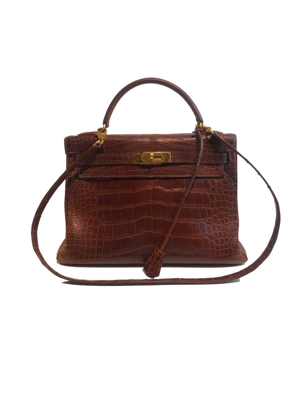 Kelly 32 alligator mat HERMES marron bijouterie or