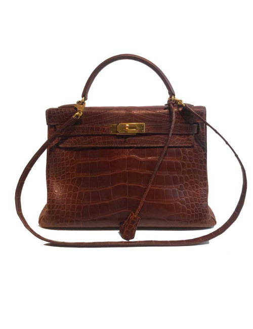 Kelly 32 alligator mat HERMES marron bijouterie or