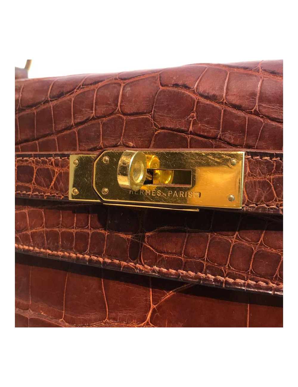 Kelly 32 alligator mat HERMES marron bijouterie or