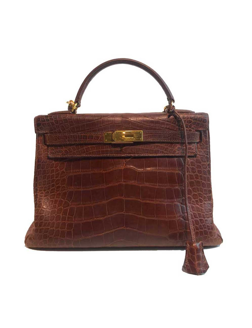Kelly 32 alligator mat HERMES marron bijouterie or