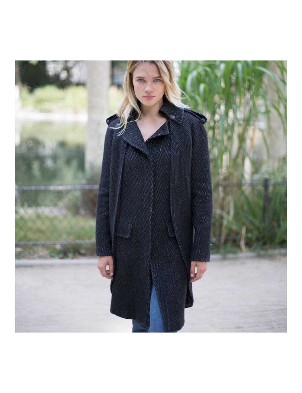 Manteau CHANEL T36 laine noire et grise