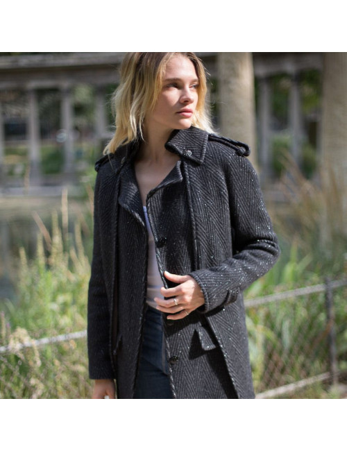 Manteau CHANEL T36 laine noire et fils d'argent