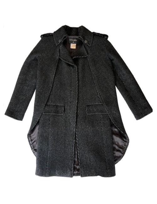 Manteau CHANEL T36 laine noire et fils d'argent