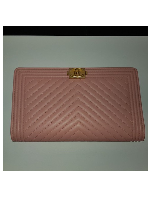 Portefeuille Boy CHANEL cuir chevrons rose
