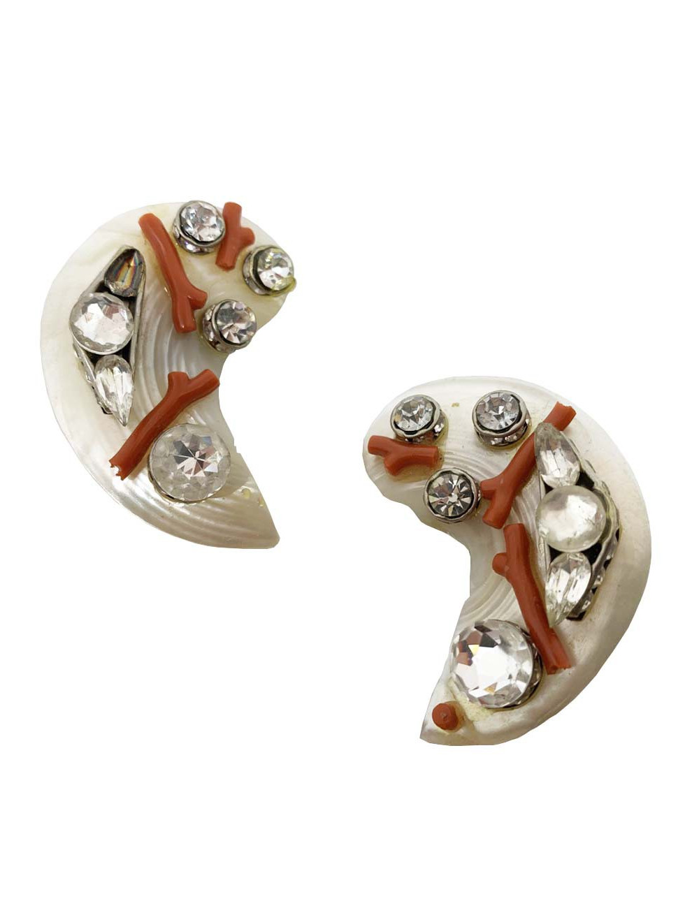 Boucles d'oreille nacre, corail et brillants