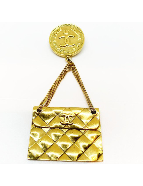 Broche CHANEL Vintage sac matelassé doré