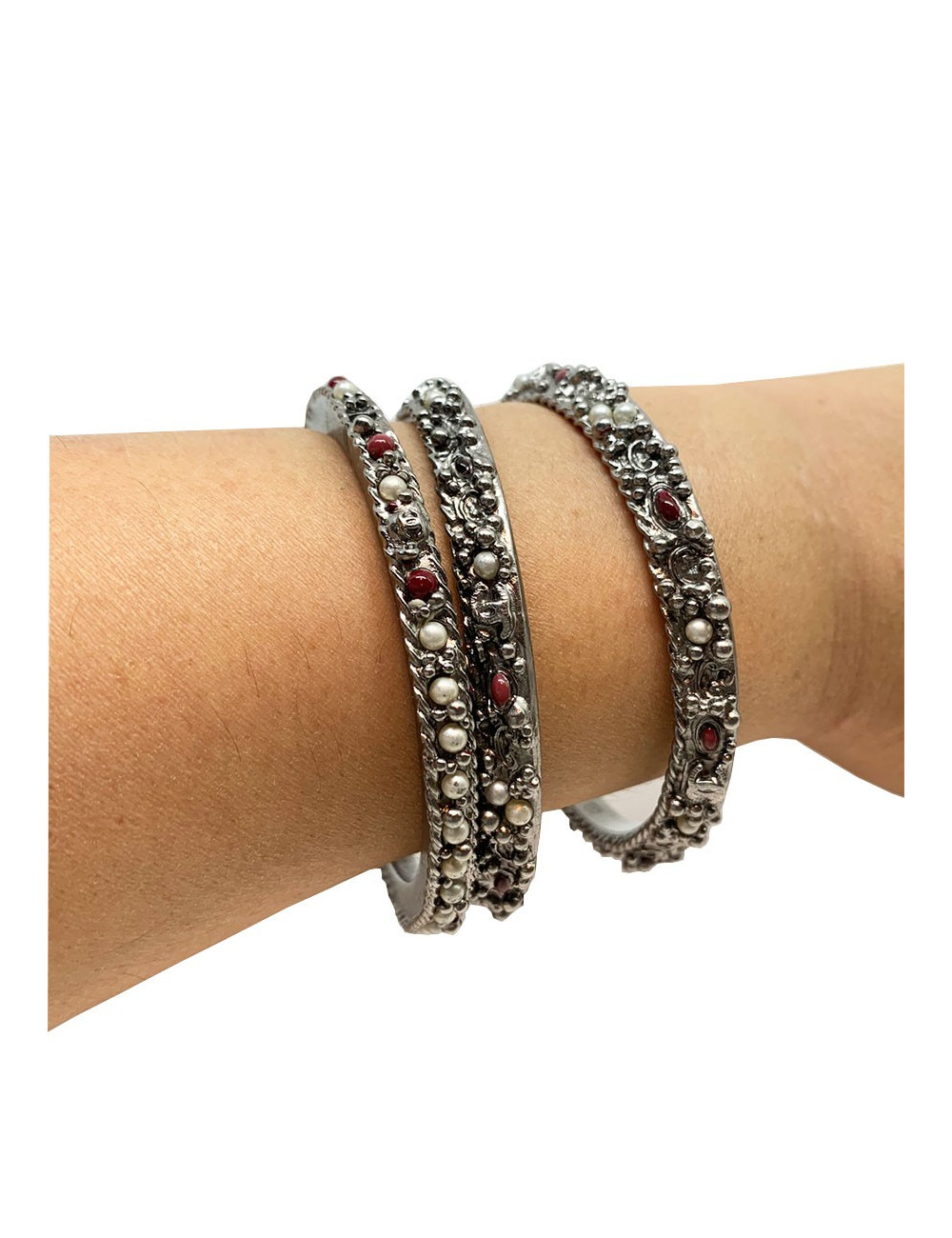 CHANEL silver, ruby and pearly beads 3 bracelet set