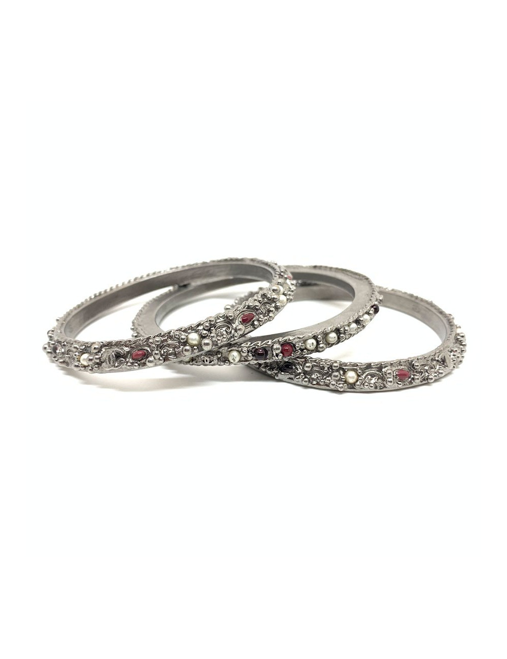 CHANEL silver, ruby and pearly beads 3 bracelet set