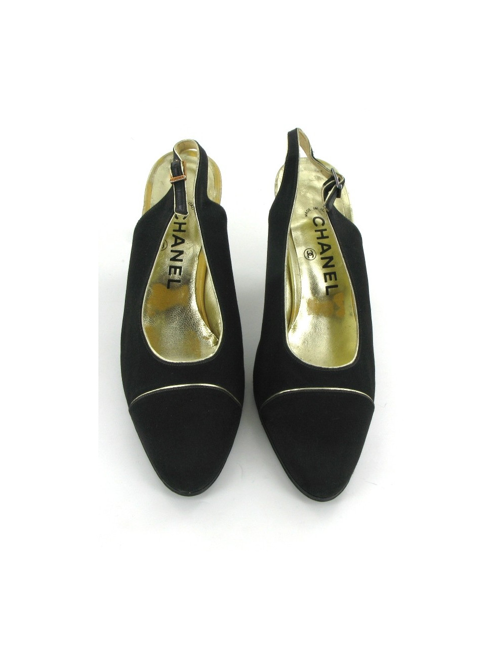 Escarpins CHANEL en satin noir et liserés dorés T 36,5