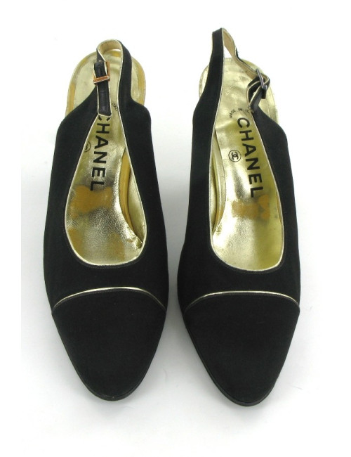 Escarpins CHANEL en satin noir et liserés dorés T 36,5