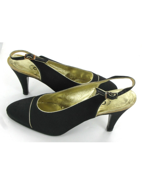 Escarpins CHANEL en satin noir et liserés dorés T 36,5