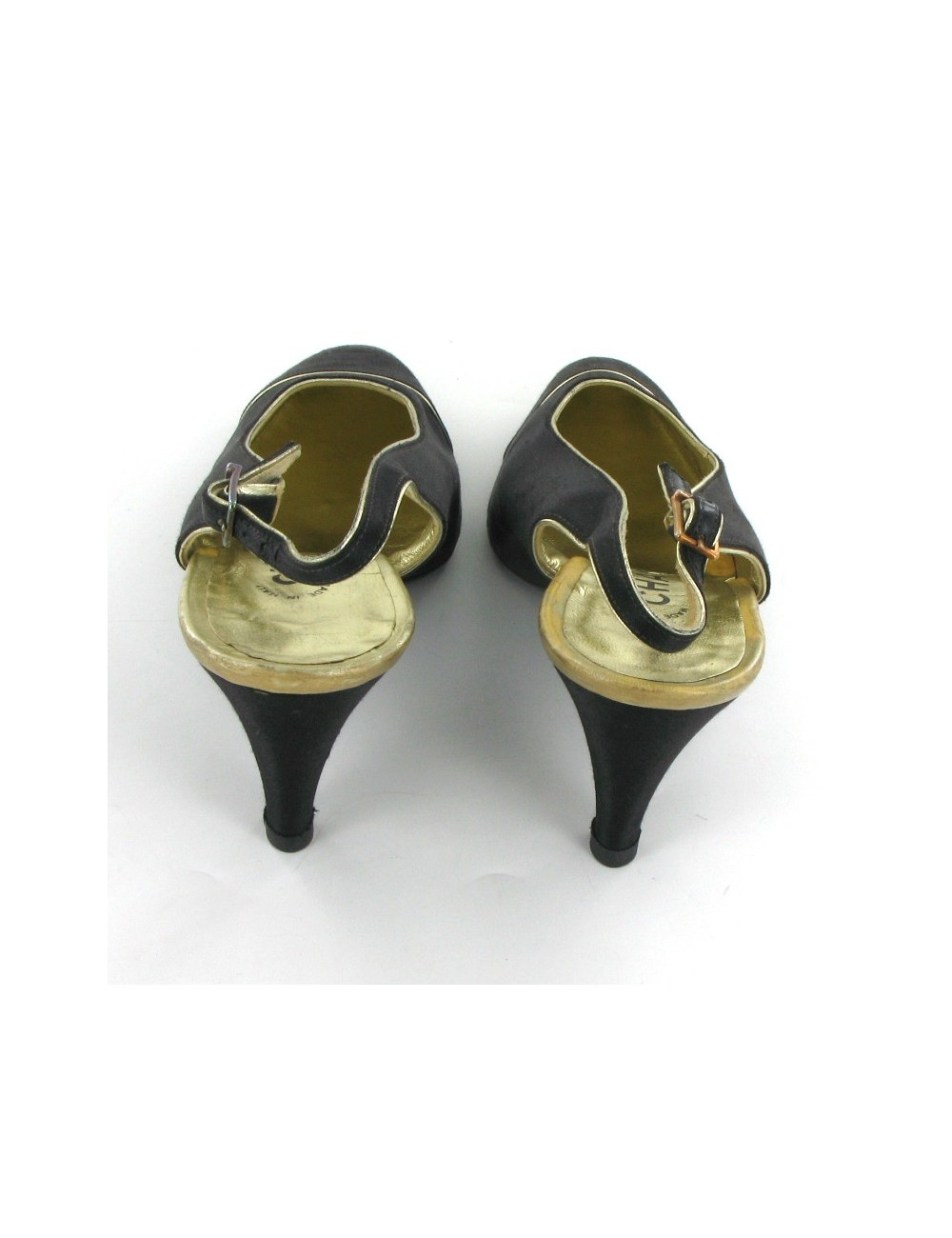 Escarpins CHANEL en satin noir et liserés dorés T 36,5