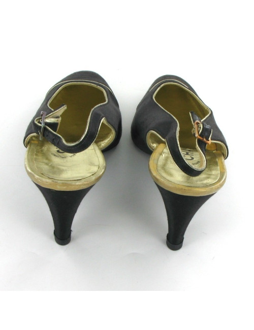 Escarpins CHANEL en satin noir et liserés dorés T 36,5