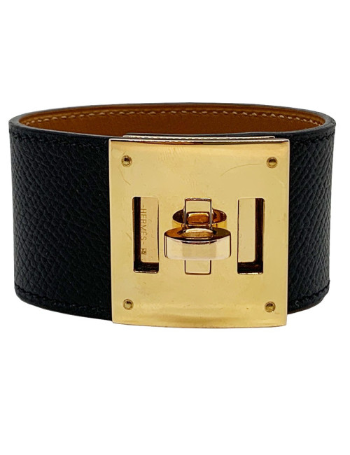 Bracelet Kelly Dog cuir noir et métal doré