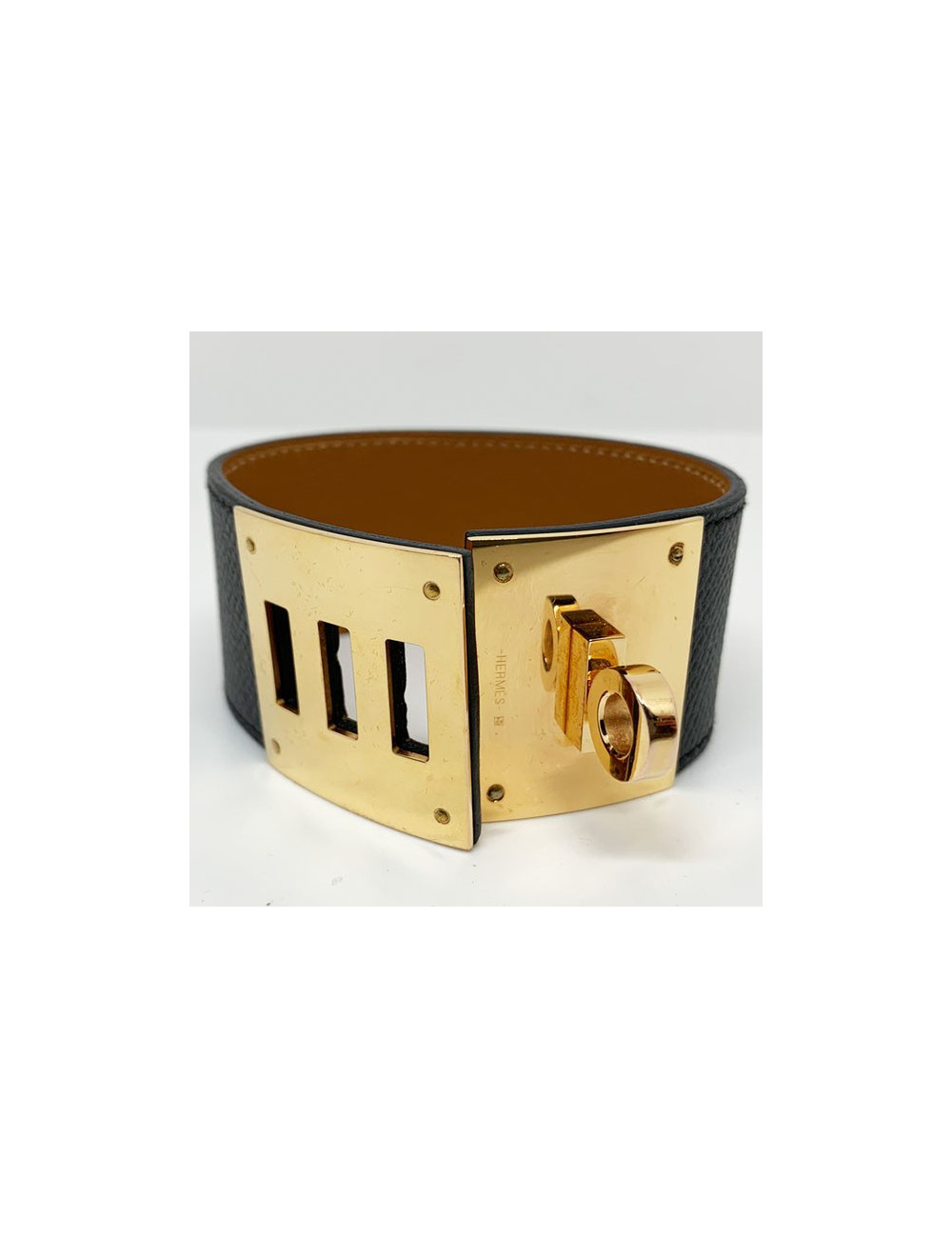 Bracelet Kelly Dog cuir noir et métal doré