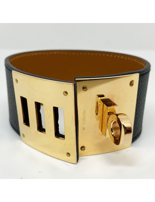 Bracelet Kelly Dog cuir noir et métal doré