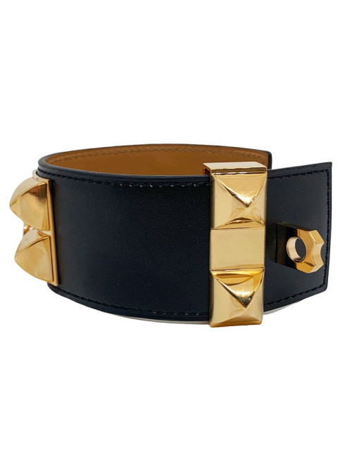 Bracelet collier de chien HERMES noir en cuir de veau