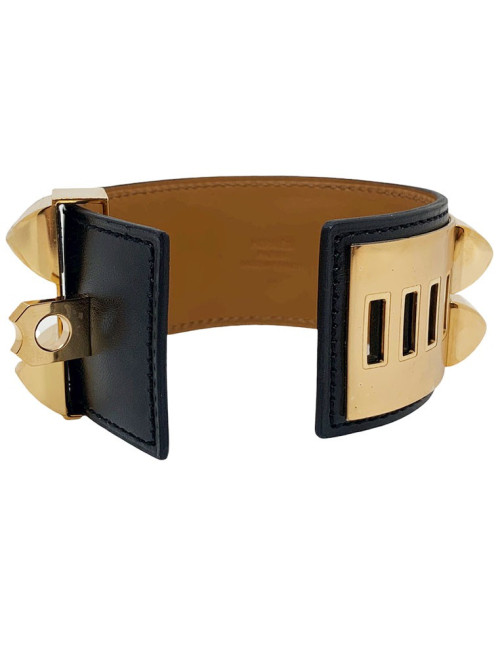 Bracelet collier de chien HERMES noir en cuir de veau