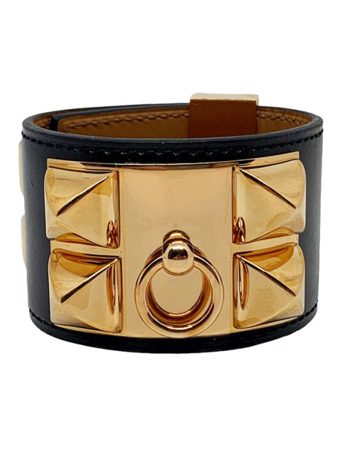 Bracelet collier de chien HERMES noir en cuir de veau