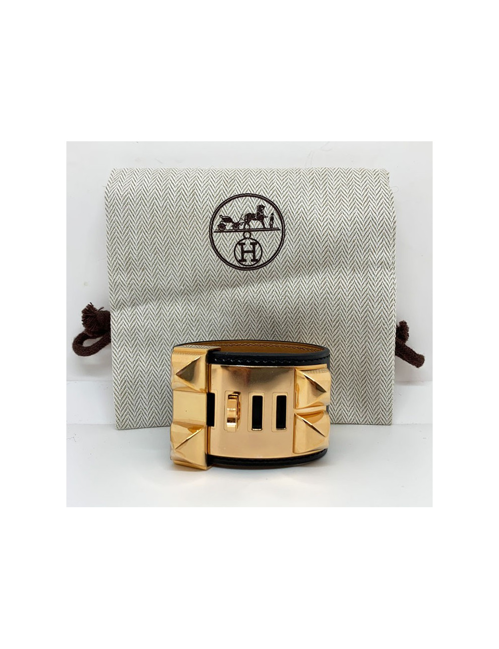 Bracelet collier de chien HERMES noir en cuir de veau