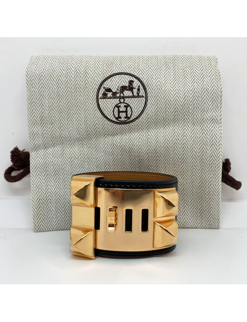 Bracelet collier de chien HERMES noir en cuir de veau